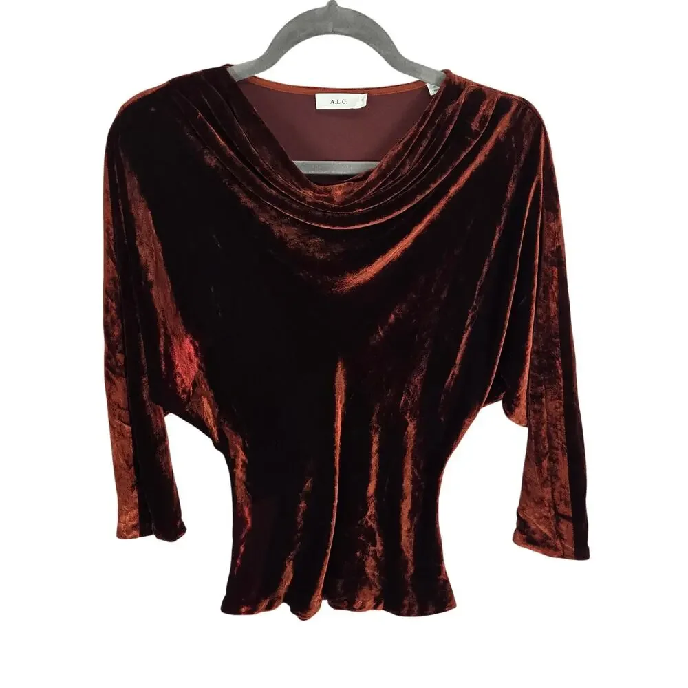 A.L.C. Miller Crushed Velvet Top 0 Cognac Brown Dolman Sleeve Soft Drapey Earthy